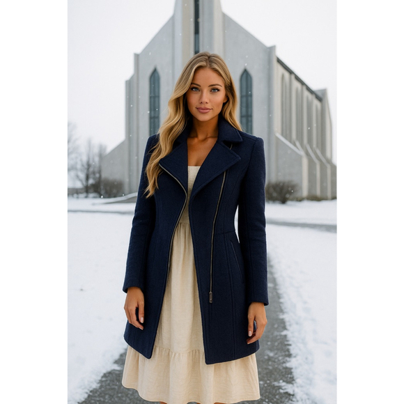 Guess Los Angeles Wool Coat Navy Asymmetrical Zip Quiet Luxury Cottagecore Trend - Picture 1 of 16